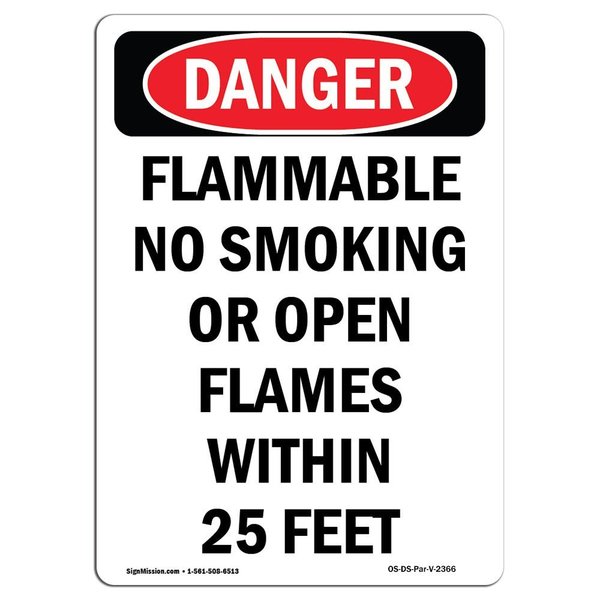 Signmission OSHA Danger Sign, 24" Height, Aluminum, Flammable No Smoking Or Open Flames, Portrait OS-DS-A-1824-V-2366